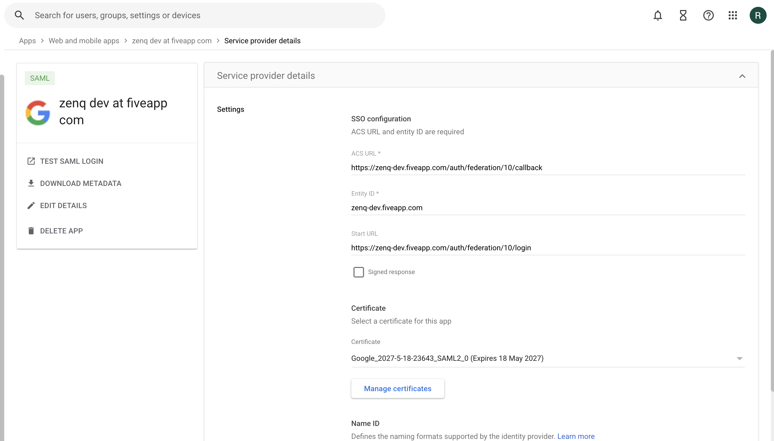 Google Workspace SAML service provider details