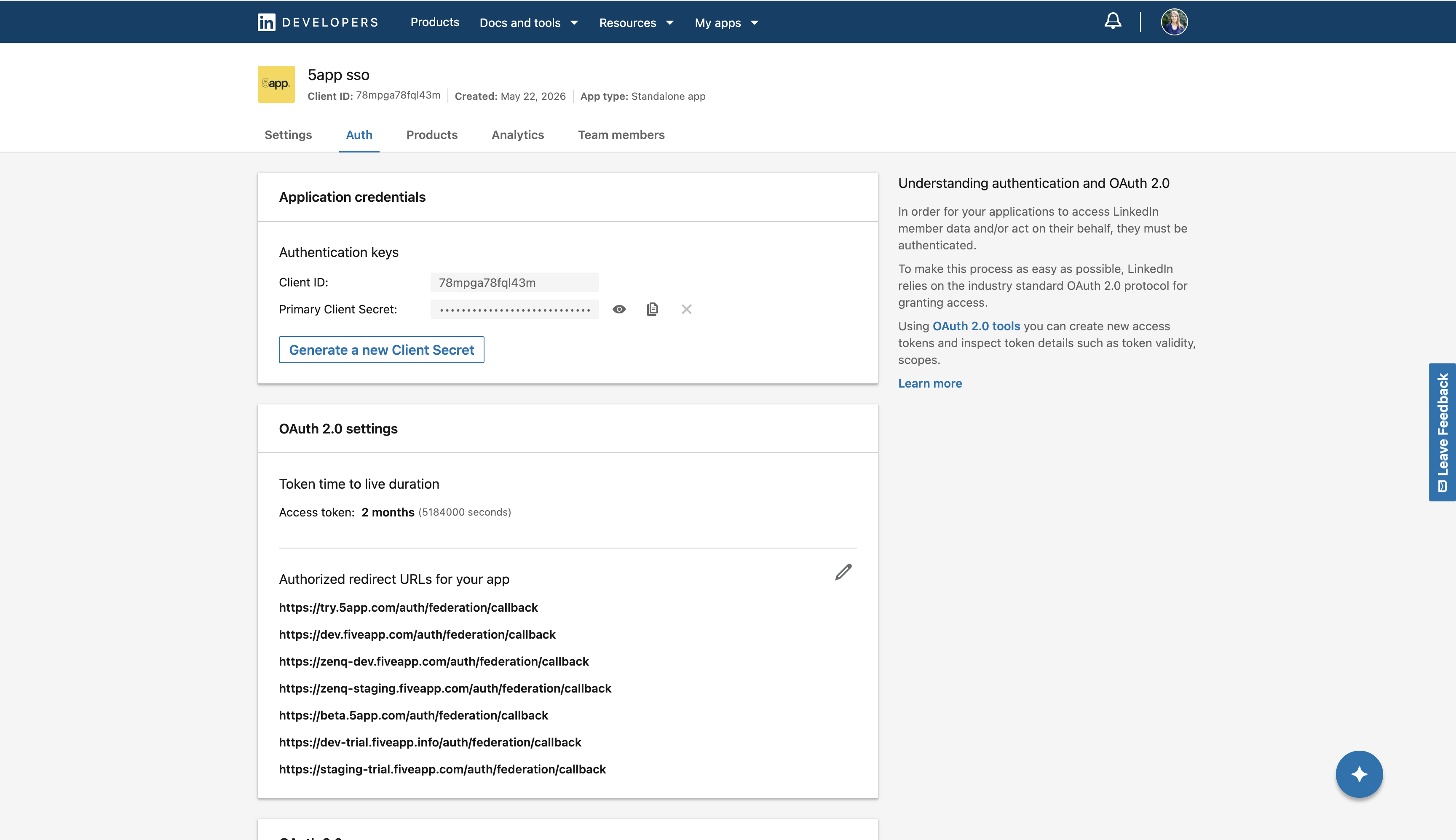LinkedIn Developer app Auth settings