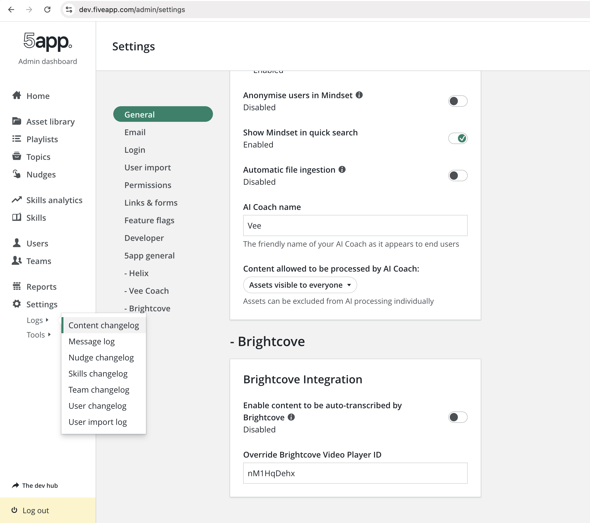 Logs menu in Admin Dashboard