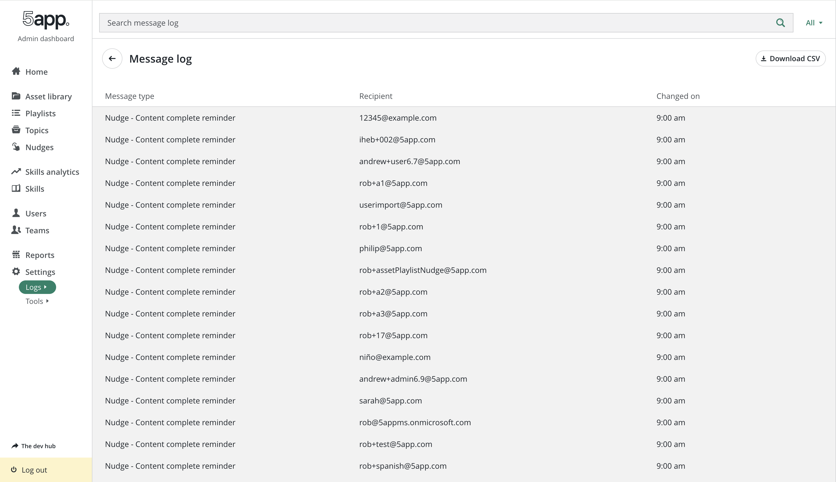 Message log in Admin Dashboard