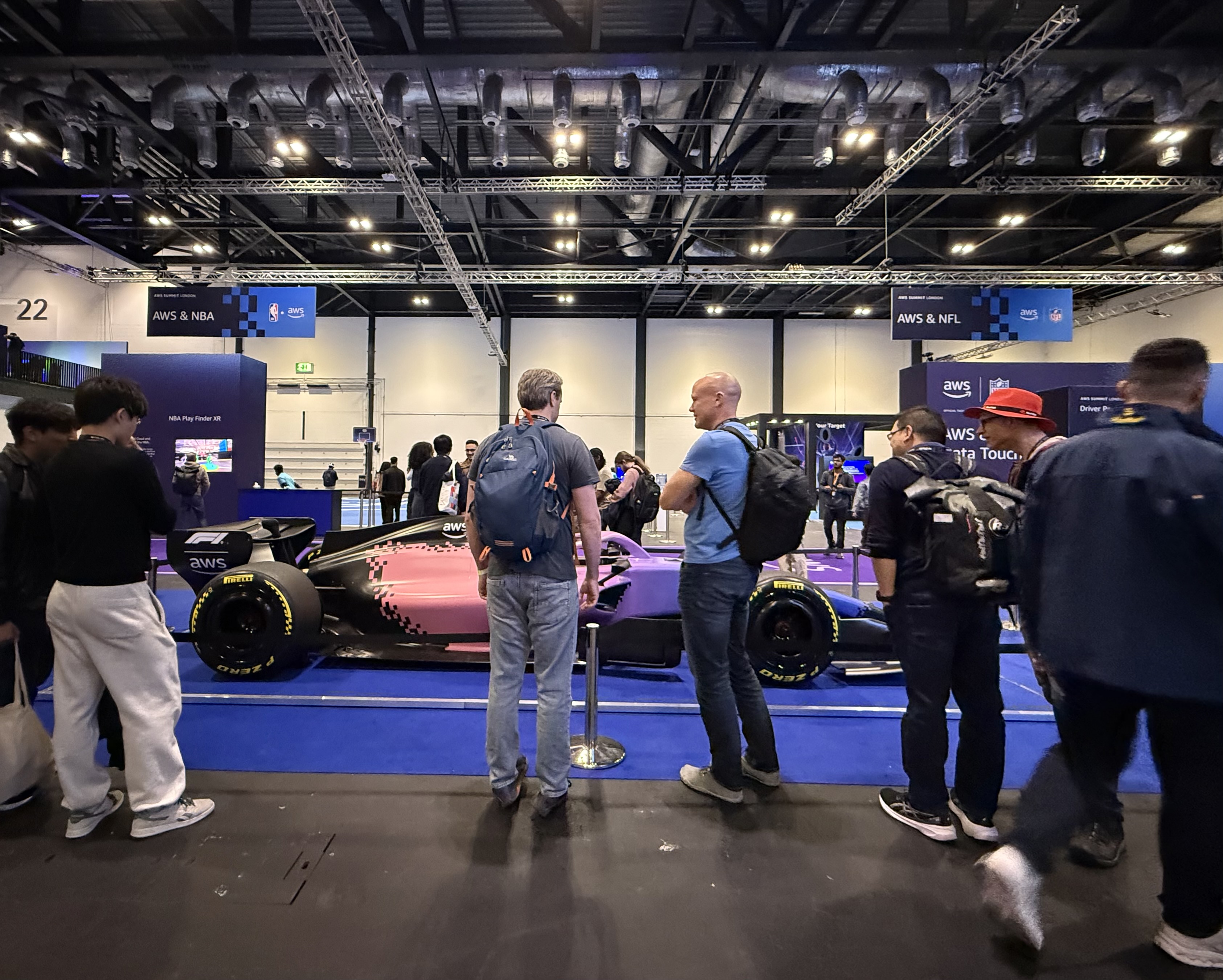 Rob and Robert checking out the F1 car in the AWS sports data zone