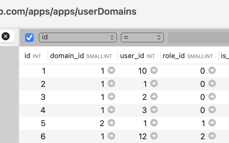 User roles assigned via the userDomains table